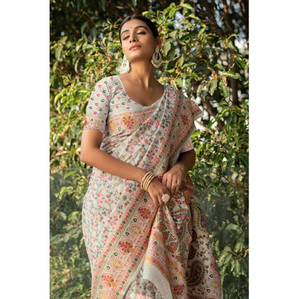 Rosolly Â Women's Linen Printed Saree With Unstitched Blouse (Off-White, 5-6 Mtrs)