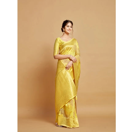 Rosolly Â Women's Linen Printed Saree With Unstitched Blouse (Yellow, 5-6 Mtrs)