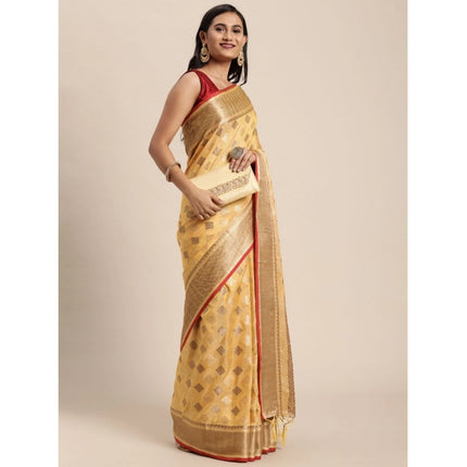 Rosolly Â Women's Chanderi Cotton Printed Saree With Unstitched Blouse (Yellow, 5-6 Mtrs)