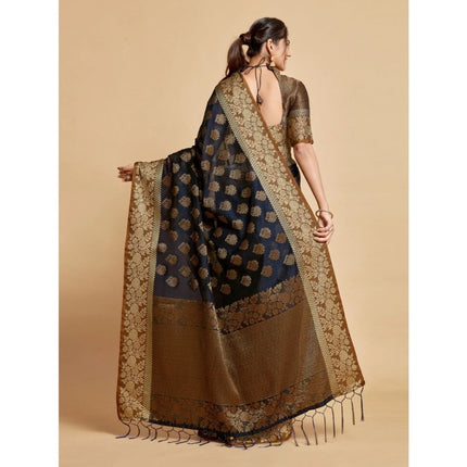 Rosolly Â Women's Chanderi Cotton Printed Saree With Unstitched Blouse (Navy, 5-6 Mtrs)