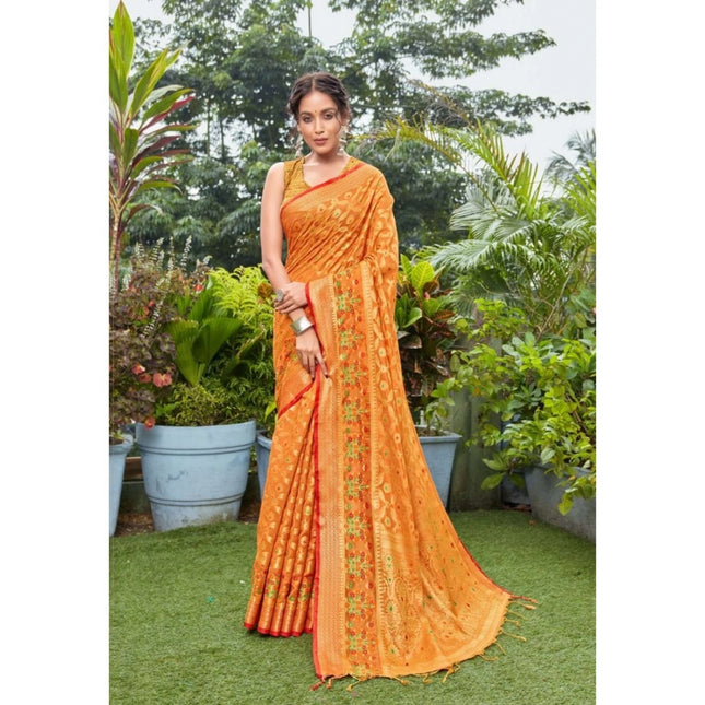 Rosolly Â Women's Organza Printed Saree With Unstitched Blouse (Orange, 5-6 Mtrs)