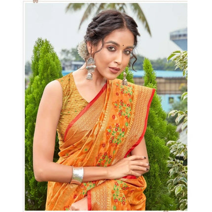 Rosolly Â Women's Organza Printed Saree With Unstitched Blouse (Orange, 5-6 Mtrs)
