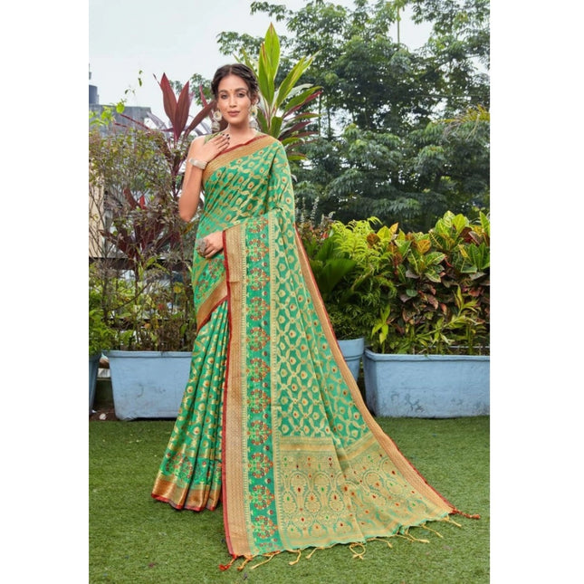 Rosolly Â Women's Organza Printed Saree With Unstitched Blouse (Green, 5-6 Mtrs)