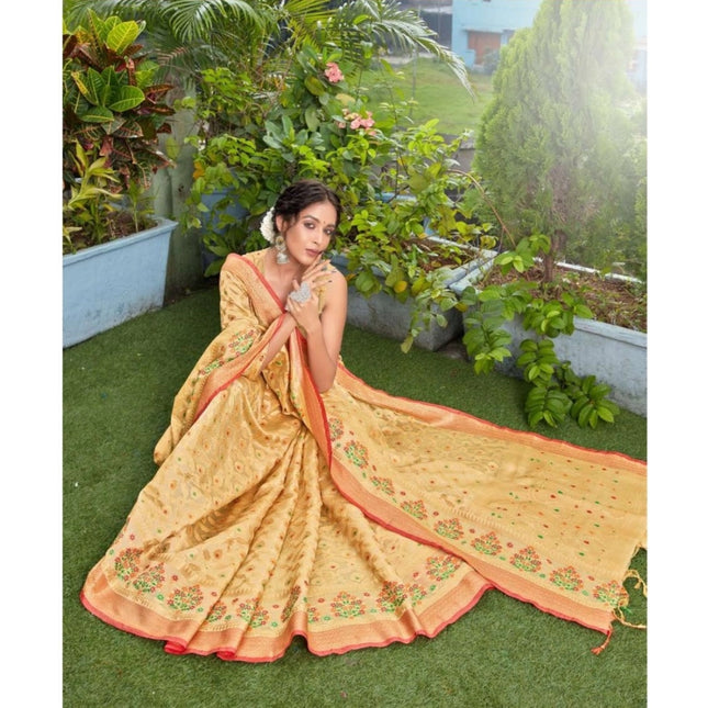 Rosolly Â Women's Organza Printed Saree With Unstitched Blouse (Beige, 5-6 Mtrs)