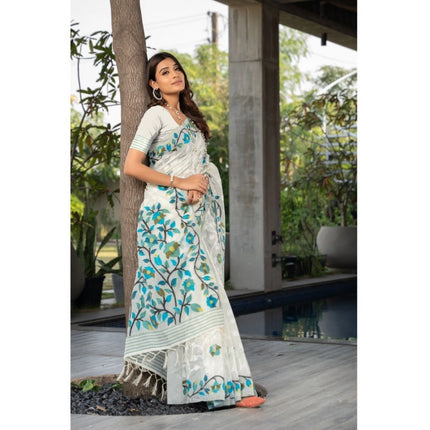 Rosolly Â Women's Cotton Printed Saree With Unstitched Blouse (White, 5-6 Mtrs)