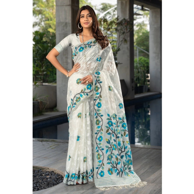 Rosolly Â Women's Cotton Printed Saree With Unstitched Blouse (White, 5-6 Mtrs)