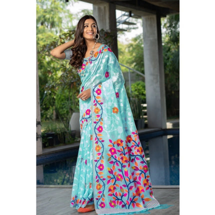 Rosolly Â Women's Cotton Printed Saree With Unstitched Blouse (Sky Blue, 5-6 Mtrs)