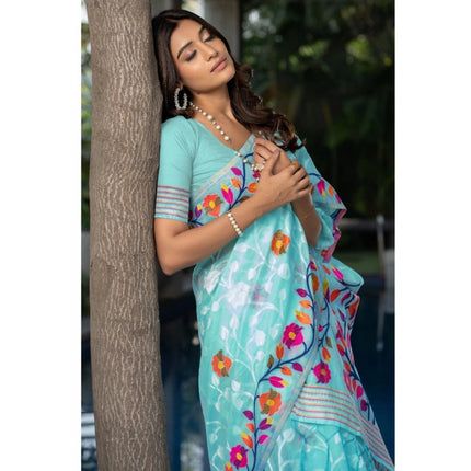 Rosolly Â Women's Cotton Printed Saree With Unstitched Blouse (Sky Blue, 5-6 Mtrs)