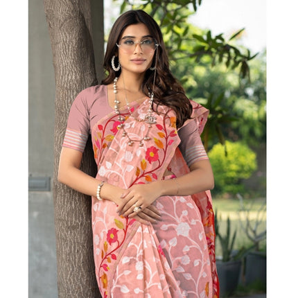 Rosolly Â Women's Cotton Printed Saree With Unstitched Blouse (Peach, 5-6 Mtrs)
