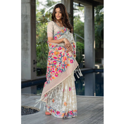 Rosolly Â Women's Cotton Printed Saree With Unstitched Blouse (Off-White, 5-6 Mtrs)