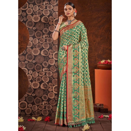 Rosolly Â Women's Organza Printed Saree With Unstitched Blouse (Sea Green, 5-6 Mtrs)