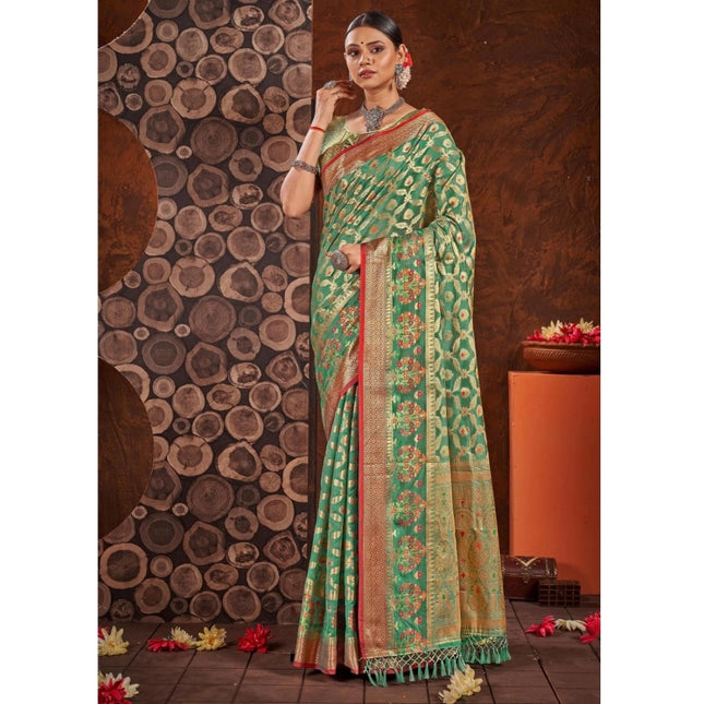 Rosolly Â Women's Organza Printed Saree With Unstitched Blouse (Sea Green, 5-6 Mtrs)