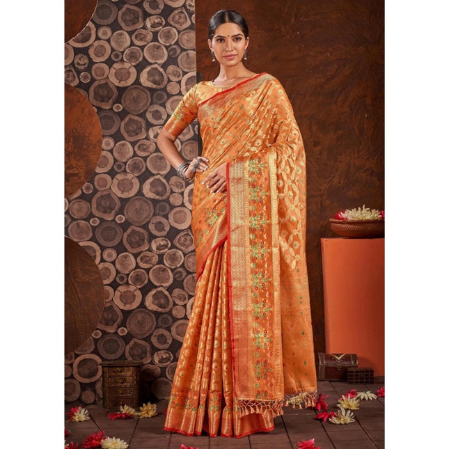 Rosolly Â Women's Organza Printed Saree With Unstitched Blouse (Orange, 5-6 Mtrs)