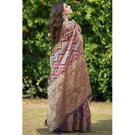 Rosolly Â Women's Organza Printed Saree With Unstitched Blouse (Wine, 5-6 Mtrs)