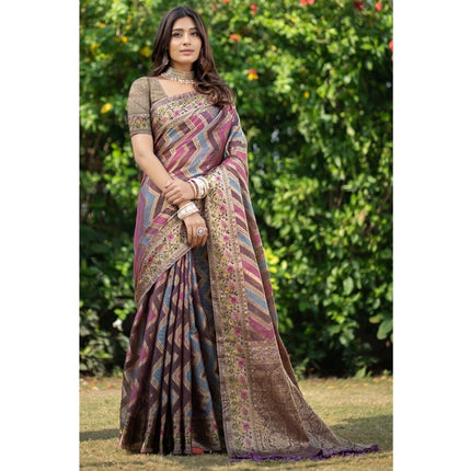 Rosolly Â Women's Organza Printed Saree With Unstitched Blouse (Wine, 5-6 Mtrs)