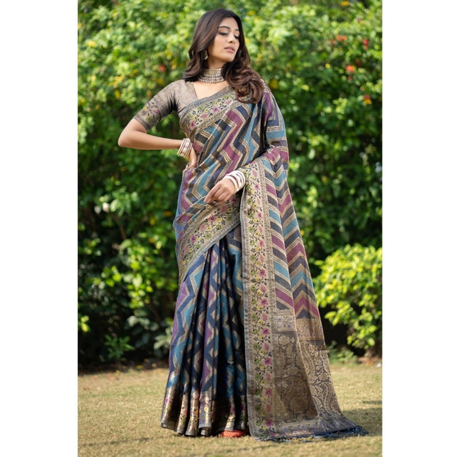 Rosolly Â Women's Organza Printed Saree With Unstitched Blouse (Teal, 5-6 Mtrs)