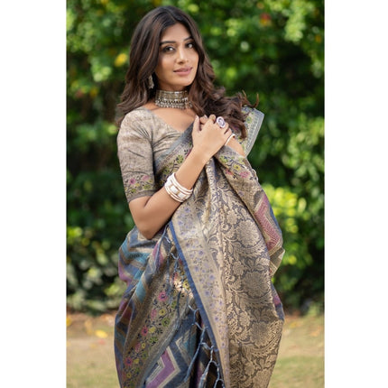 Rosolly Â Women's Organza Printed Saree With Unstitched Blouse (Teal, 5-6 Mtrs)