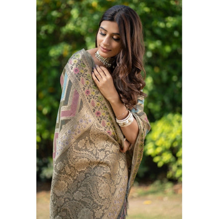 Rosolly Â Women's Organza Printed Saree With Unstitched Blouse (Grey, 5-6 Mtrs)