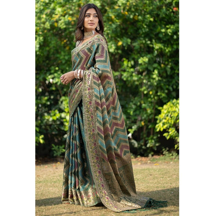Rosolly Â Women's Organza Printed Saree With Unstitched Blouse (Green, 5-6 Mtrs)
