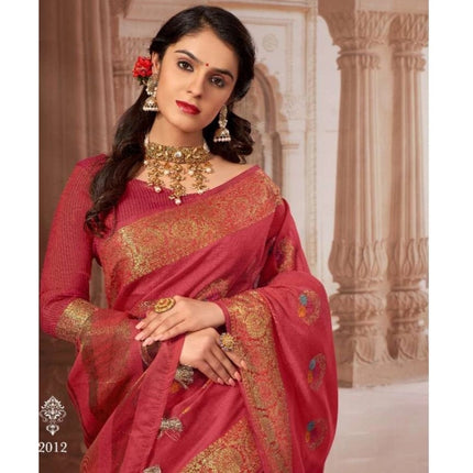 Rosolly Â Women's Chanderi Cotton Printed Saree With Unstitched Blouse (Pink, 5-6 Mtrs)