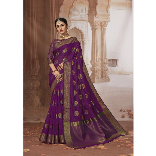 Rosolly Â Women's Chanderi Cotton Printed Saree With Unstitched Blouse (Purple, 5-6 Mtrs)