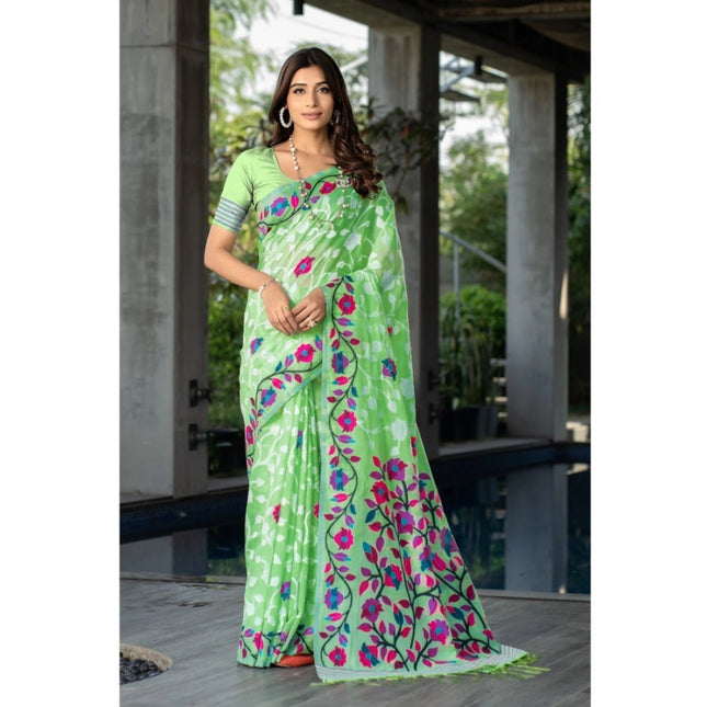 Rosolly  Women's Cotton Printed Saree With Unstitched Blouse (Green, 5-6 Mtrs)