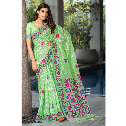 Rosolly  Women's Cotton Printed Saree With Unstitched Blouse (Green, 5-6 Mtrs)