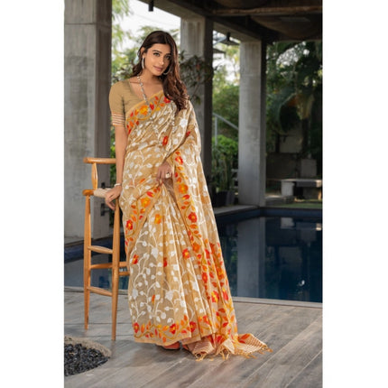 Rosolly  Women's Cotton Printed Saree With Unstitched Blouse (Beige, 5-6 Mtrs)