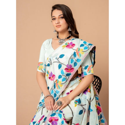 Rosolly  Women's Cotton Printed Saree With Unstitched Blouse (White, 5-6 Mtrs)