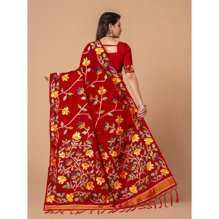 Rosolly  Women's Cotton Printed Saree With Unstitched Blouse (Red, 5-6 Mtrs)