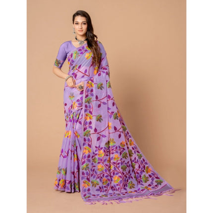 Rosolly  Women's Cotton Printed Saree With Unstitched Blouse (Lavender, 5-6 Mtrs)