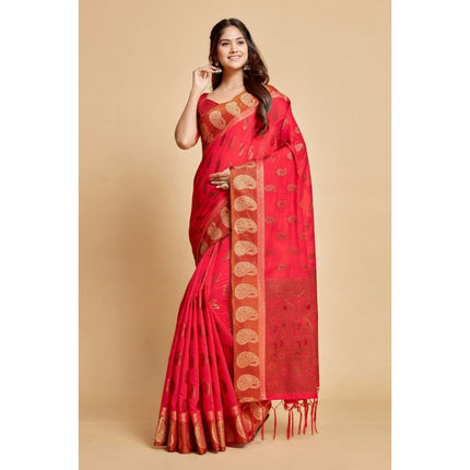 Rosolly  Women's Chanderi Cotton Printed Saree With Unstitched Blouse (Pink, 5-6 Mtrs)