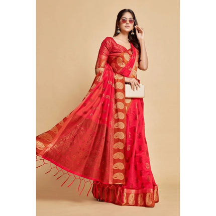 Rosolly  Women's Chanderi Cotton Printed Saree With Unstitched Blouse (Pink, 5-6 Mtrs)