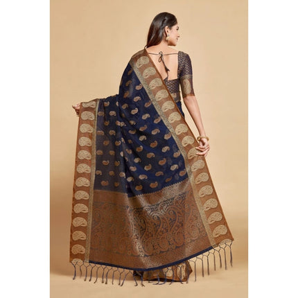 Rosolly  Women's Chanderi Cotton Printed Saree With Unstitched Blouse (Navy Blue, 5-6 Mtrs)