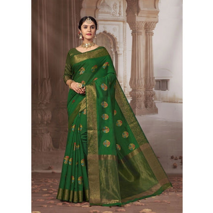 Rosolly Â Women's Linen Printed Saree With Unstitched Blouse (Dark Green, 5-6 Mtrs)