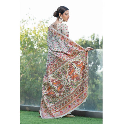 Rosolly Â Women's Linen Printed Saree With Unstitched Blouse (White, 5-6 Mtrs)