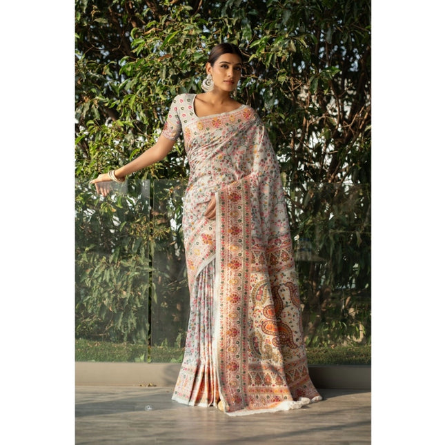 Rosolly Â Women's Linen Printed Saree With Unstitched Blouse (Off-White, 5-6 Mtrs)