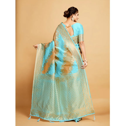 Rosolly Â Women's Linen Printed Saree With Unstitched Blouse (Sky Blue, 5-6 Mtrs)