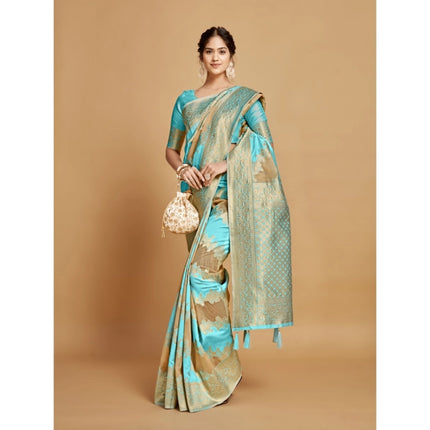 Rosolly Â Women's Linen Printed Saree With Unstitched Blouse (Sky Blue, 5-6 Mtrs)