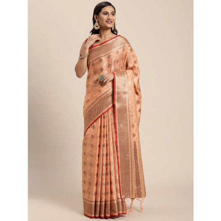 Rosolly Â Women's Chanderi Cotton Printed Saree With Unstitched Blouse (Orange, 5-6 Mtrs)
