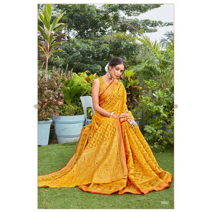 Rosolly Â Women's Organza Printed Saree With Unstitched Blouse (Mustard, 5-6 Mtrs)