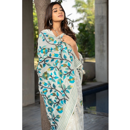 Rosolly Â Women's Cotton Printed Saree With Unstitched Blouse (White, 5-6 Mtrs)