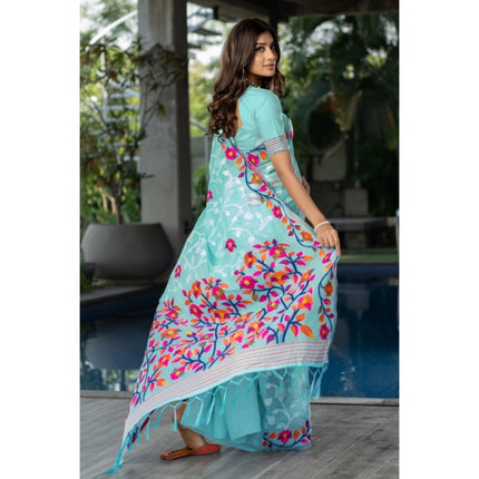 Rosolly Â Women's Cotton Printed Saree With Unstitched Blouse (Sky Blue, 5-6 Mtrs)