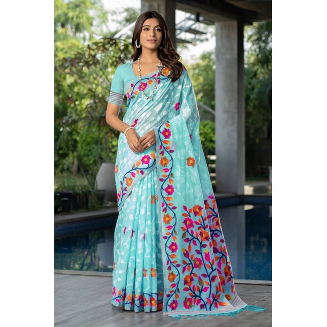 Rosolly Â Women's Cotton Printed Saree With Unstitched Blouse (Sky Blue, 5-6 Mtrs)