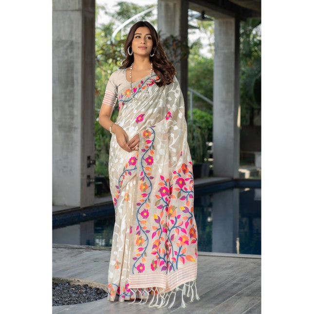 Rosolly Â Women's Cotton Printed Saree With Unstitched Blouse (Off-White, 5-6 Mtrs)