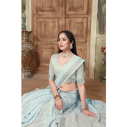 Rosolly Â Women's Organza Printed Saree With Unstitched Blouse (Sky Blue, 5-6 Mtrs)