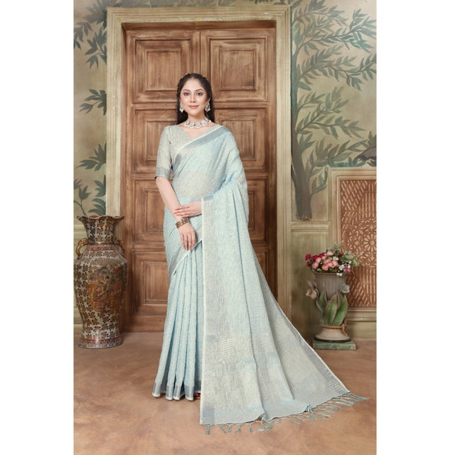 Rosolly Â Women's Organza Printed Saree With Unstitched Blouse (Sky Blue, 5-6 Mtrs)