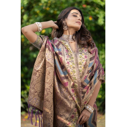 Rosolly Â Women's Organza Printed Saree With Unstitched Blouse (Wine, 5-6 Mtrs)