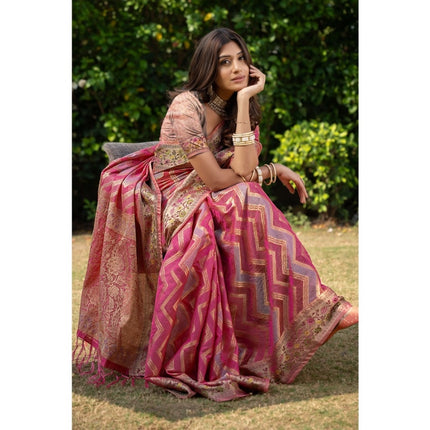 Rosolly Â Women's Organza Printed Saree With Unstitched Blouse (Pink, 5-6 Mtrs)