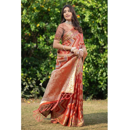 Rosolly Â Women's Organza Printed Saree With Unstitched Blouse (Orange, 5-6 Mtrs)